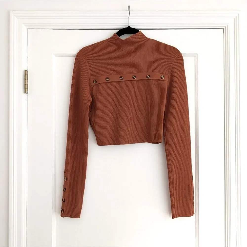 NWT Nicholas Juliet Brown Rib Knit Funnel Neck Crop Top W/Buttons, size L